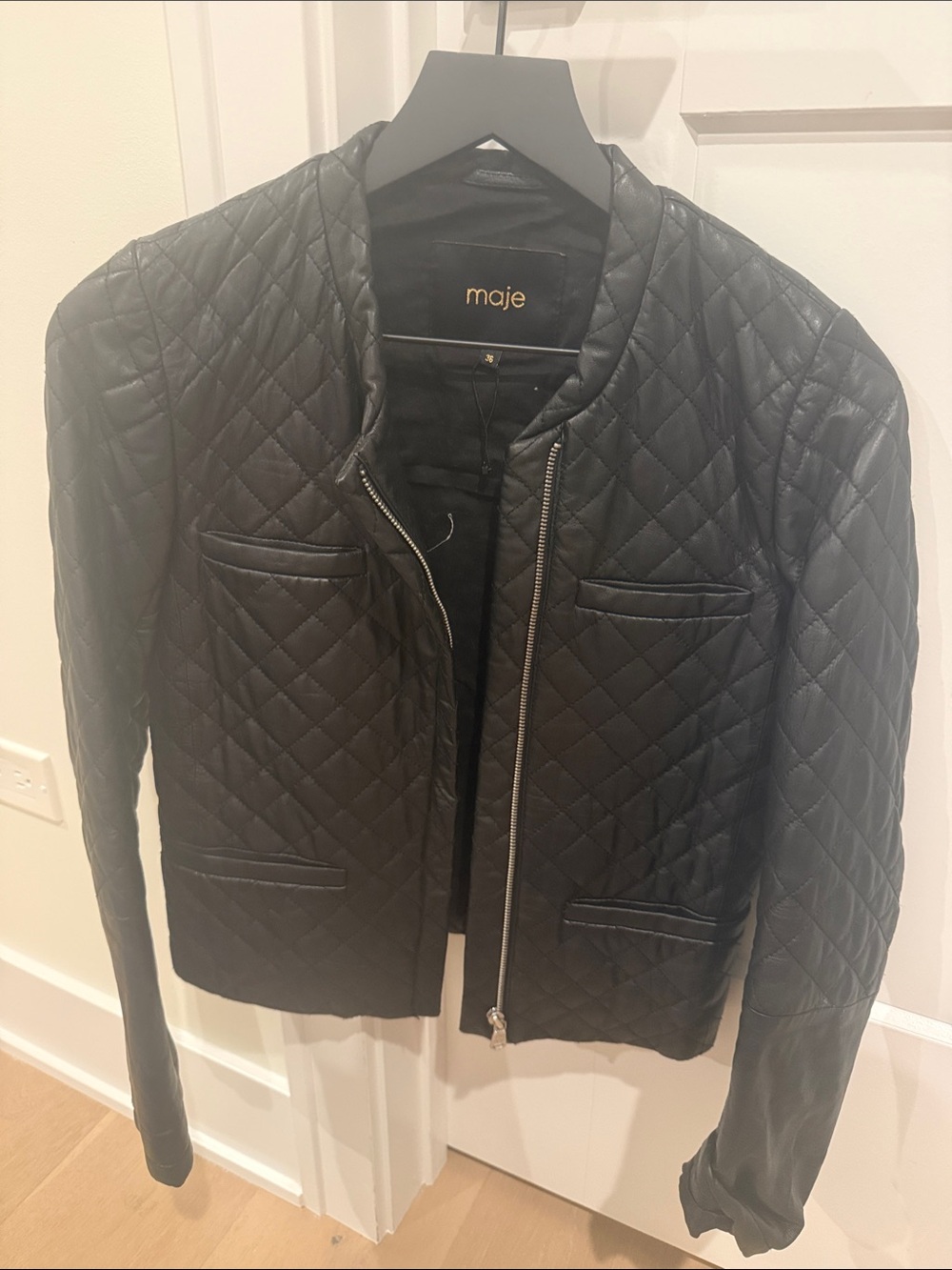Maje Black Quilted Leather Zip Jacket